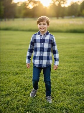 Crewcuts Navy and White Plaid Button-Down Shirt